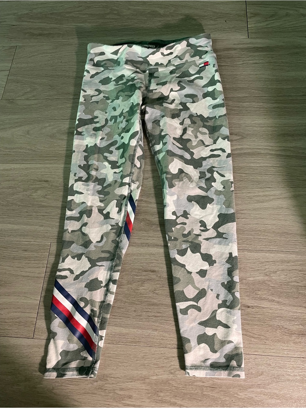 Tommy Hilfiger Green Camo Leggings with Red White Blue Side Stripe